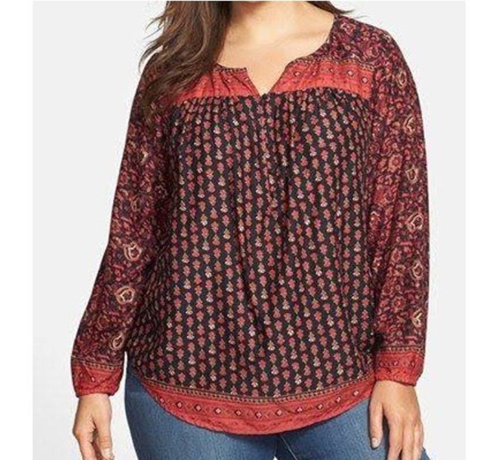 Lucky Brand Boho Tunic Blouse Large Black Red Floral Henley Indie Festival